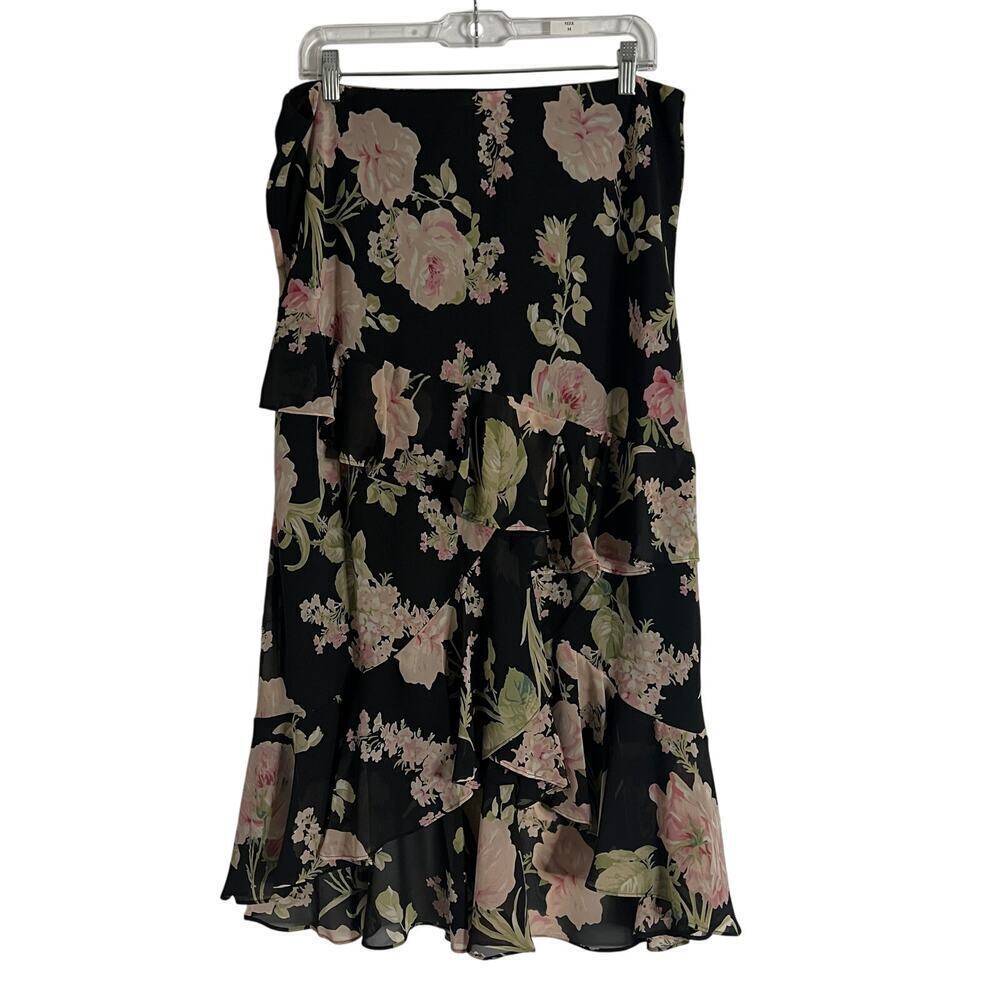 Chaps Woman’s Retro Black Pink Floral Ruffle High Low Midi Skirt- Size 10‎